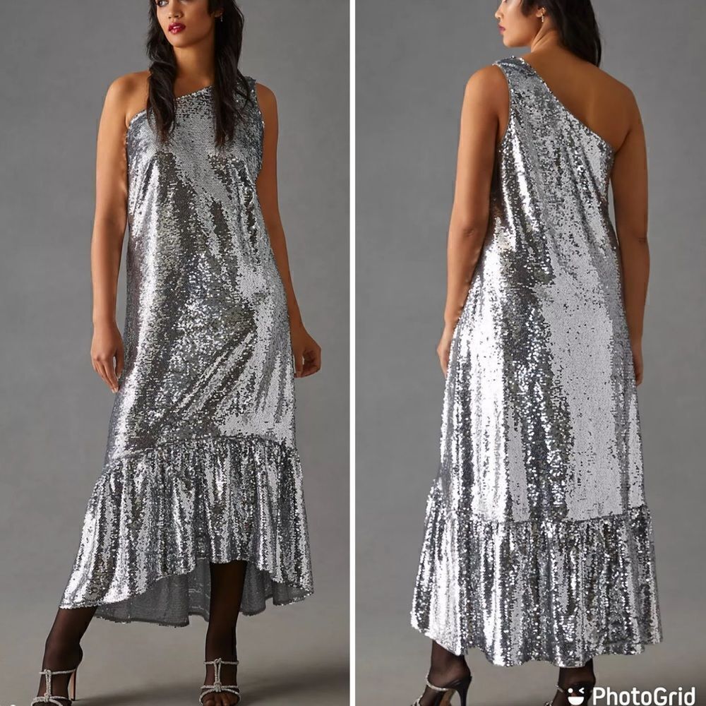 NEW Anthropologie Maeve Sequin One Shoulder Ruffle Midi Dress Silver - Picture 3 of 13